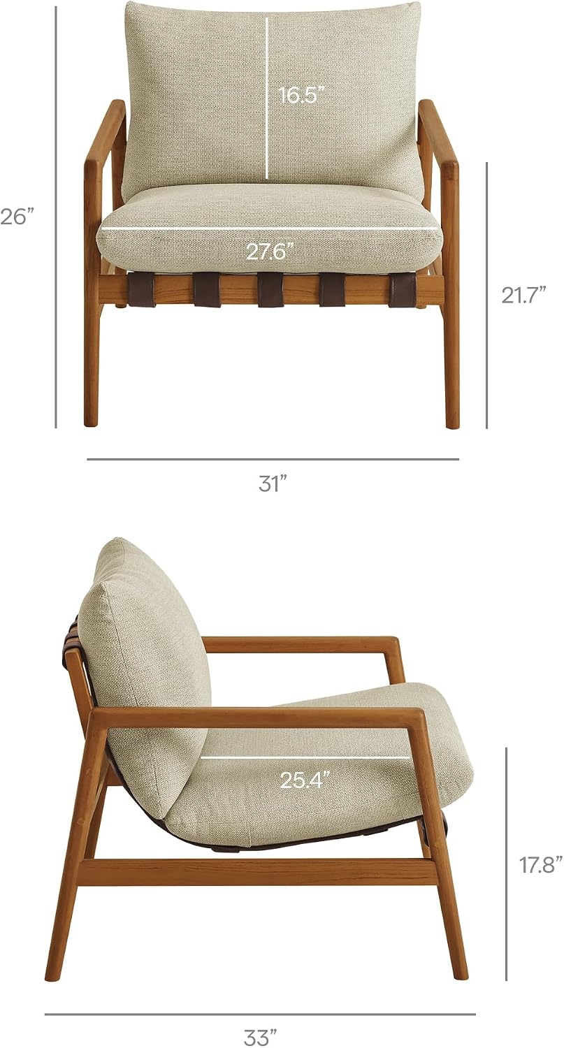 Modway Nomi Teak Wood Outdoor Sling Accent Chair in Sand - Faux Leather Vegan Patio Armchair with Removable Cushioned Upholstery