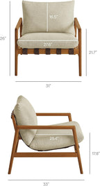 Modway Nomi Teak Wood Outdoor Sling Accent Chair in Sand - Faux Leather Vegan Patio Armchair with Removable Cushioned Upholstery
