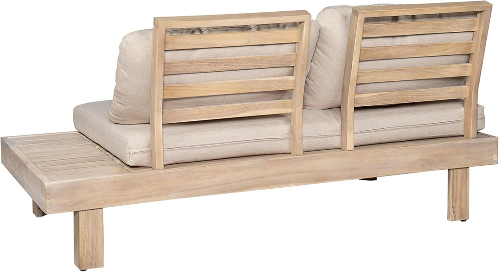 Merax 5 Piece Paito 8-Seaters Conversation Set, All-Weather Acacia Wood L-Shaped Sofa with Side Tables and 3-Seater Sofa Bed with Cushions,Outdoor Sectional Couch Set for Backyard, Light White+Sand