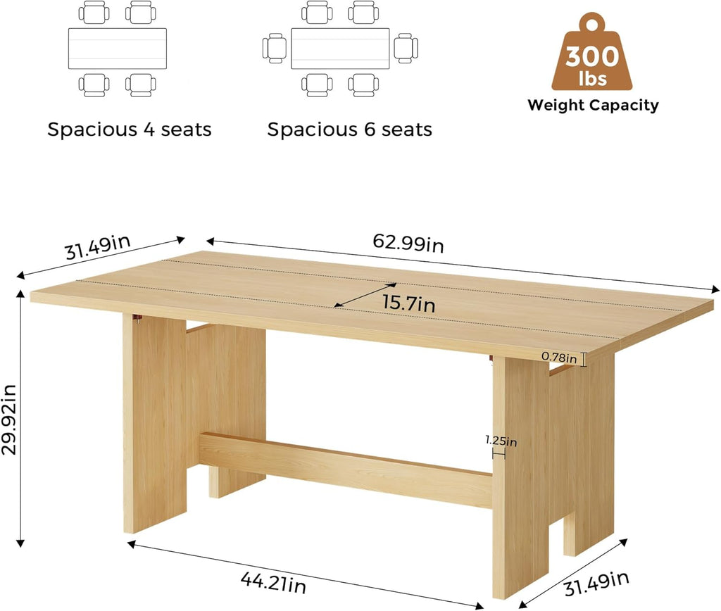 Jocoevol 63" Dining Table for 4-6 People, Rectangle Extendable Dining Room Table, Modern Folding Dining Table for Space-Saving, Square Wood Kitchen Tables for Home, Dining Room, Natural