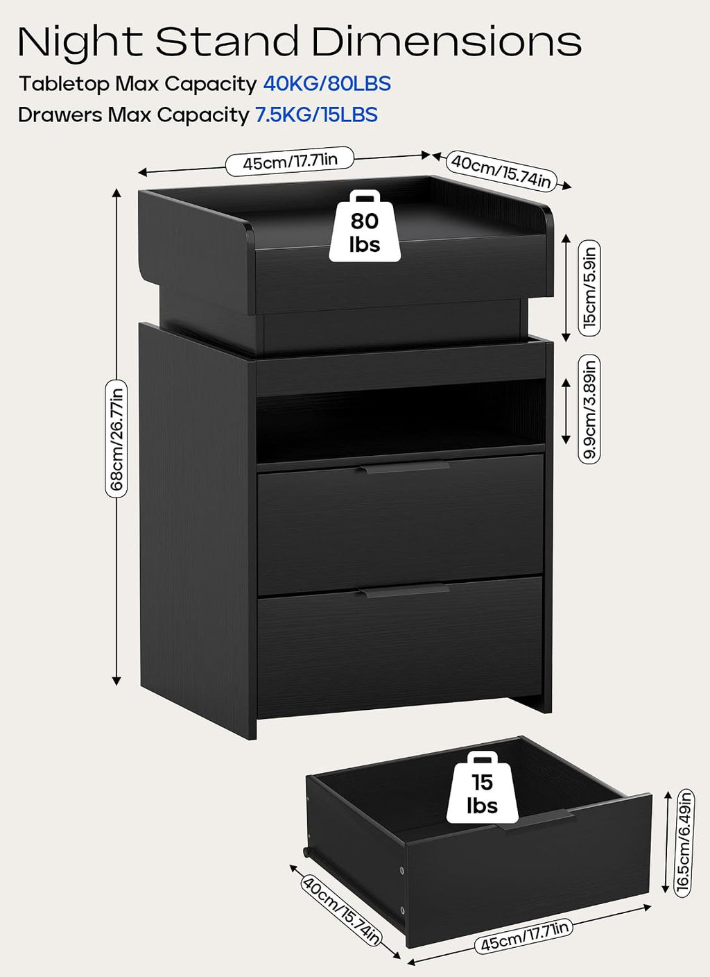 Turosur Black Nightstands Set of 2 with Charging Station and LED Lights, Modern Beside Table with USB and Type-C Port for Bedroom