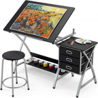 Garvee Tabletop Adjustable Drafting Table, Drawing Table for Adults, Drafting Desk Art Desk with Stool & 3 Storage Drawers, Modern Painting Studio Work Station for Home Office, 50.5 x 24 x 45 inch