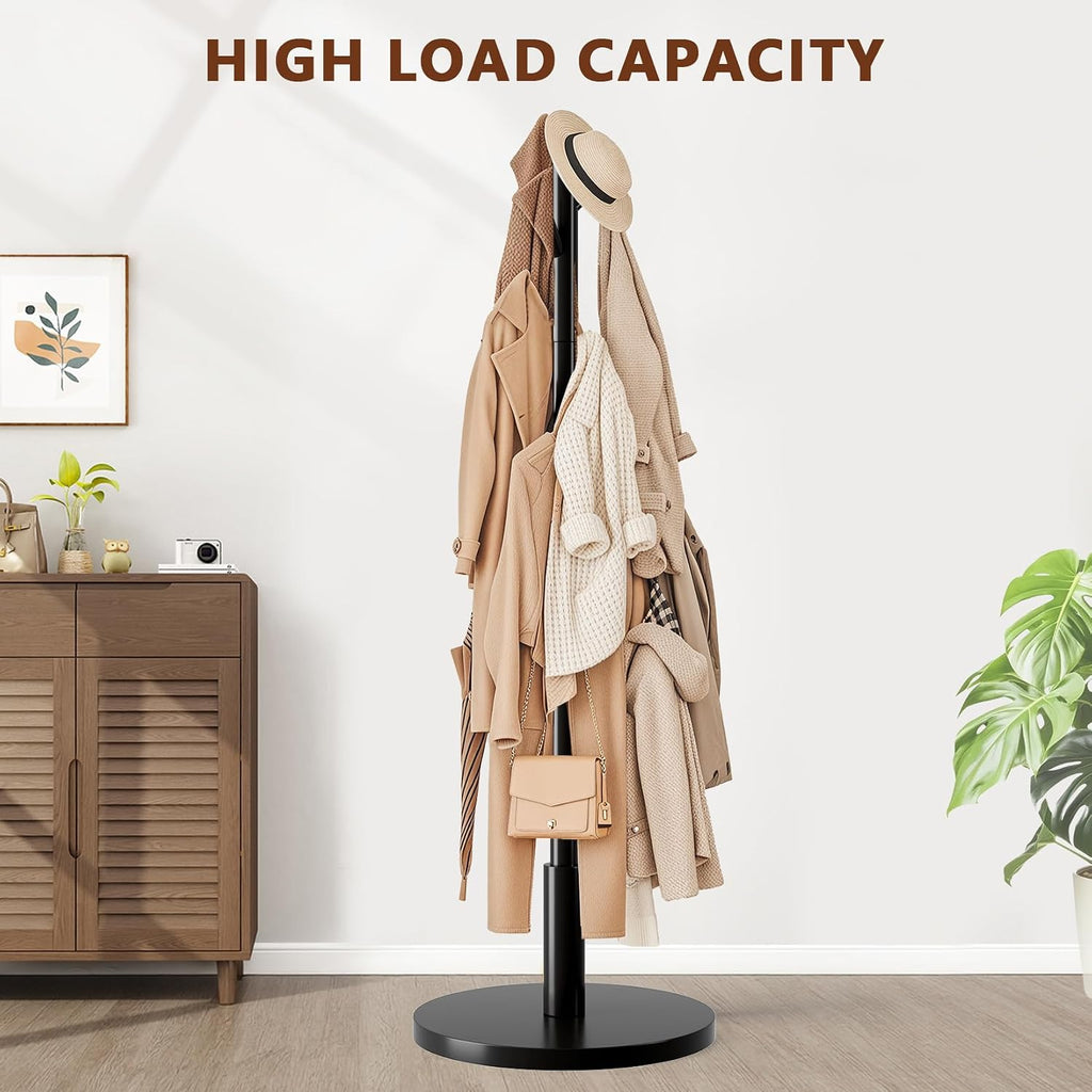Coat Rack Freestanding Wooden Coat Tree Stand with 8 Round-tip Hooks, 3 Adjustable heights Coat Hat Rack for Entryway,Bedroom,Hallway,Office (Black)