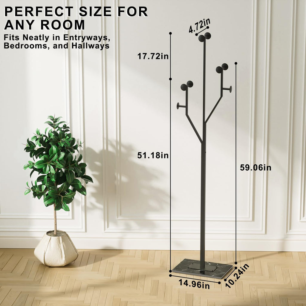 Coat Rack Stand, Freestanding Metal Coat Rack with Sturdy Marble Base, Modern Standing Coat Rack Tree with 8 Hooks for Entryway, Bedroom, Office & Hallway, Space-Saving Design, Black, 68.9 Inches Tall
