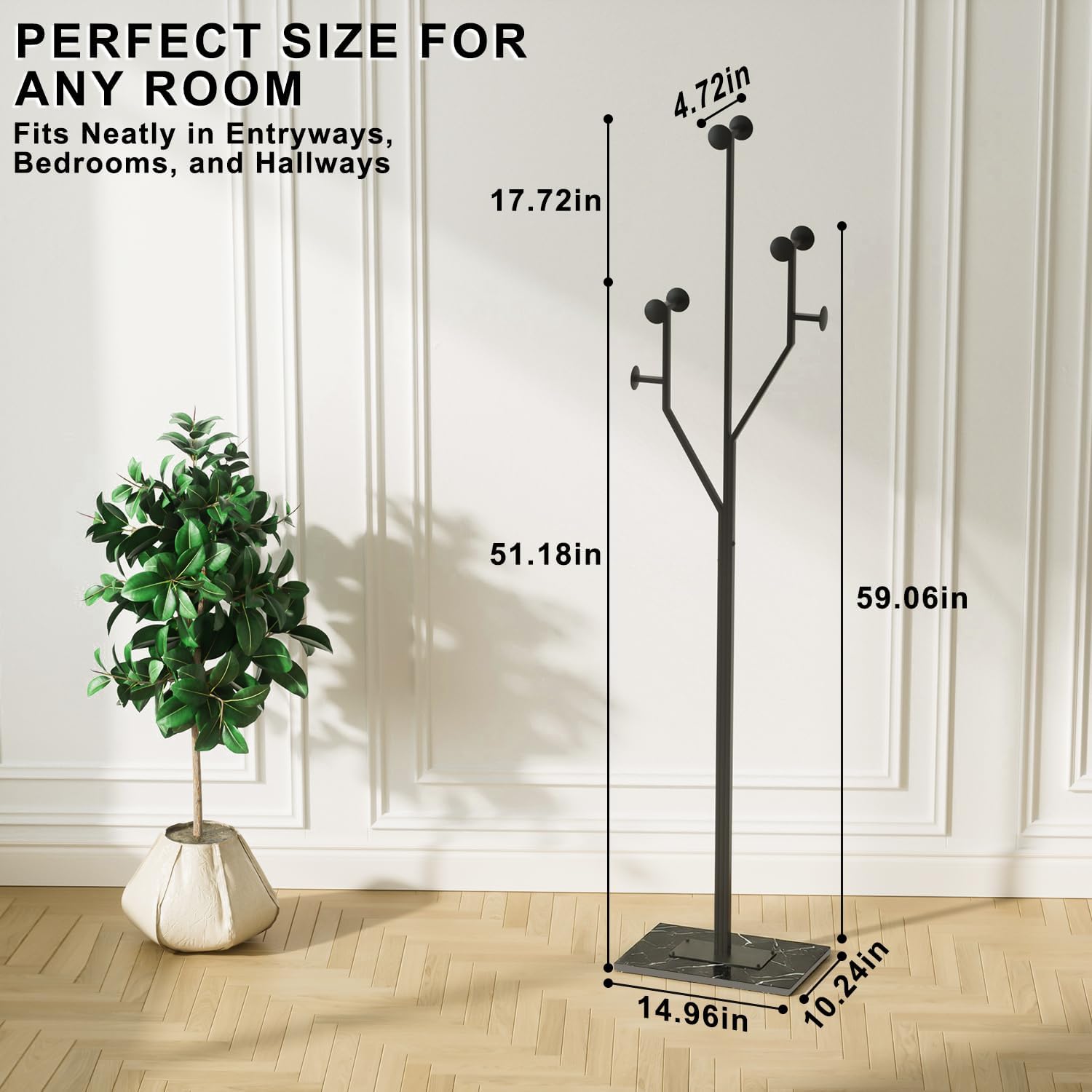 Coat Rack Stand, Freestanding Metal Coat Rack with Sturdy Marble Base, Modern Standing Coat Rack Tree with 8 Hooks for Entryway, Bedroom, Office & Hallway, Space-Saving Design, Black, 68.9 Inches Tall