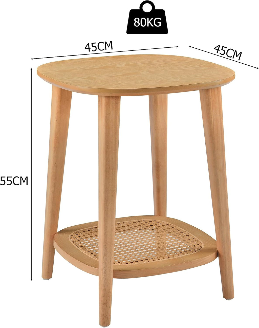Boho End Table with Rattan Storage Shelf ,Square Sofa Beside Tables with Rounded Corners, Small Telephone Table- for Living Room, Vintage-Inspired Accent Corner Table, Natural Oak CJZ-D0635-OA