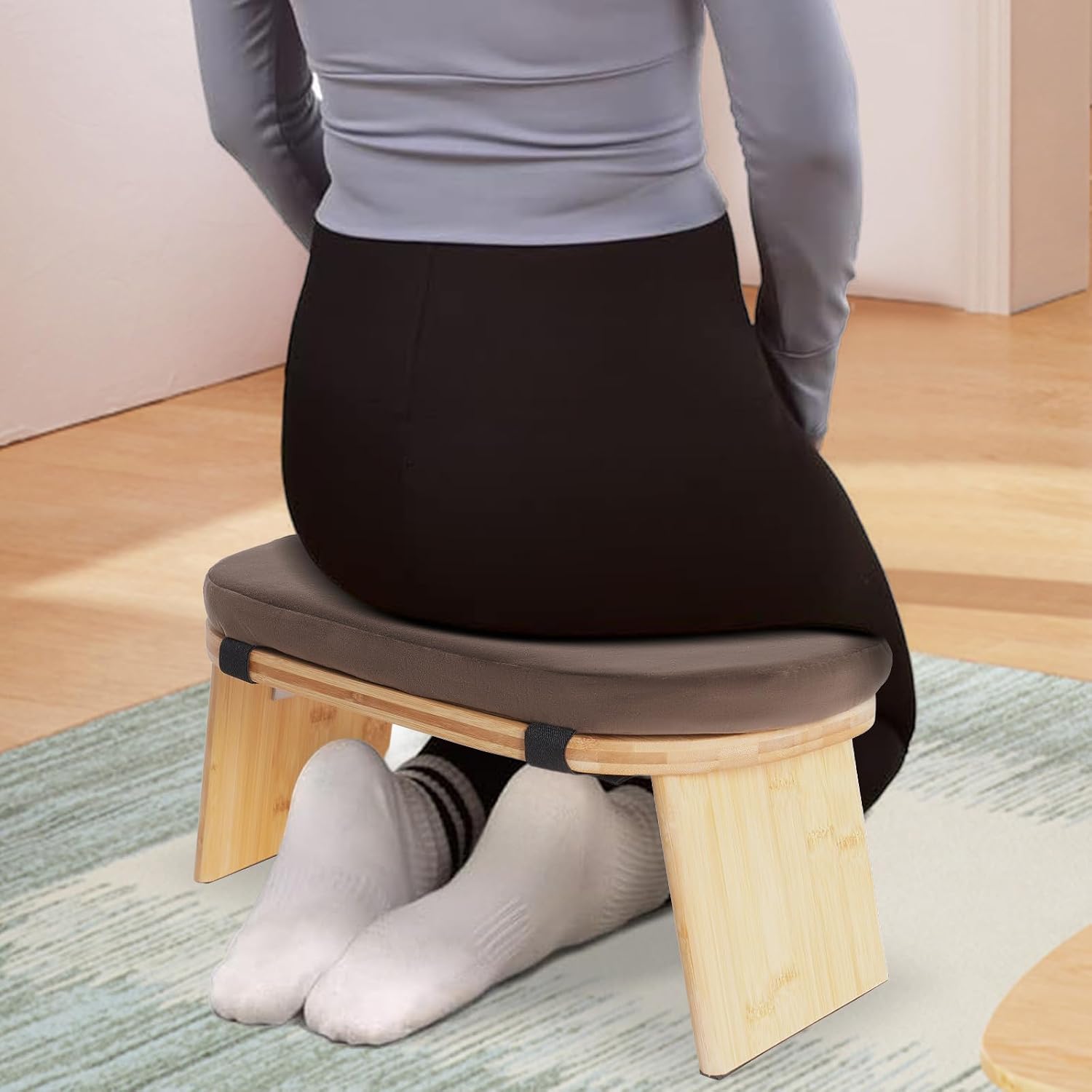 Folding Bamboo Kneeling Meditation Bench, 17.3 x 7.5 x 8.3in | Anti-Slip Feet, Capacity 396Lbs, Portable