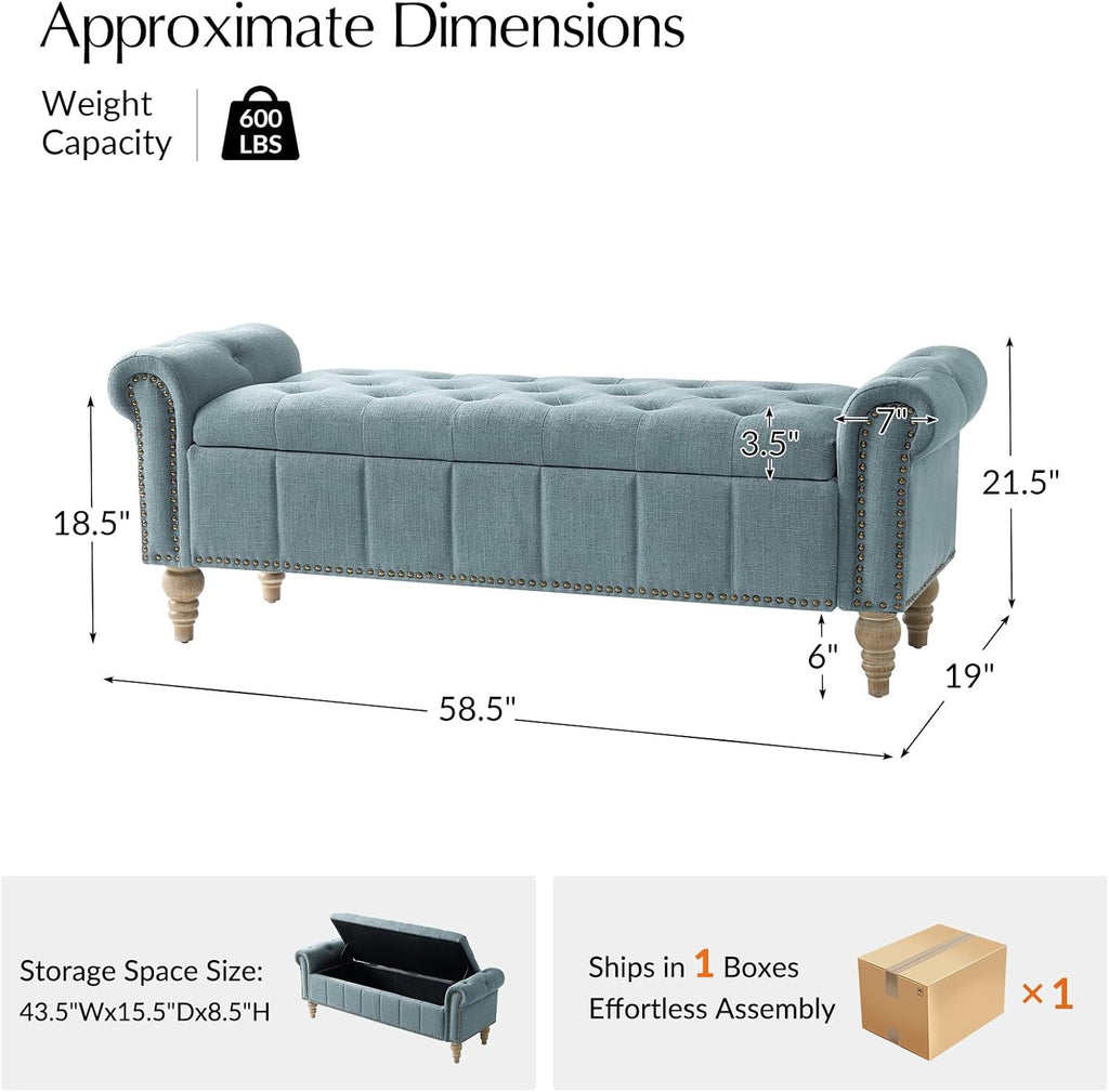 HULALA HOME Farmhouse Upholstered Storage Bench, End of Bed Bench with Vintage Button Tufted Design(Blue)
