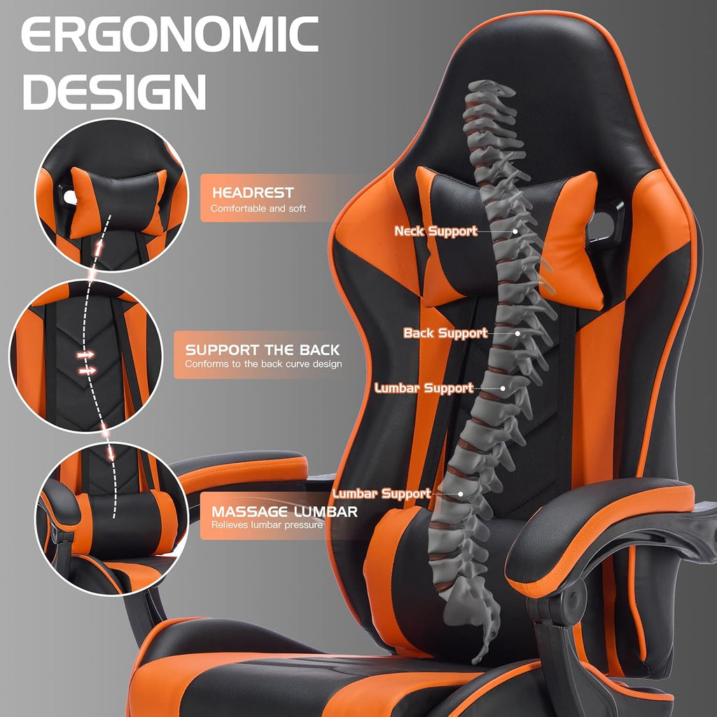Leather Ergonomic Gaming Chair with Footrest, Comfy Orange Gaming Chair with Comfortable Headrest & Lumbar Support for Adults Women Men Boys Kids, 300 LBS Capacity (Black+Orange)