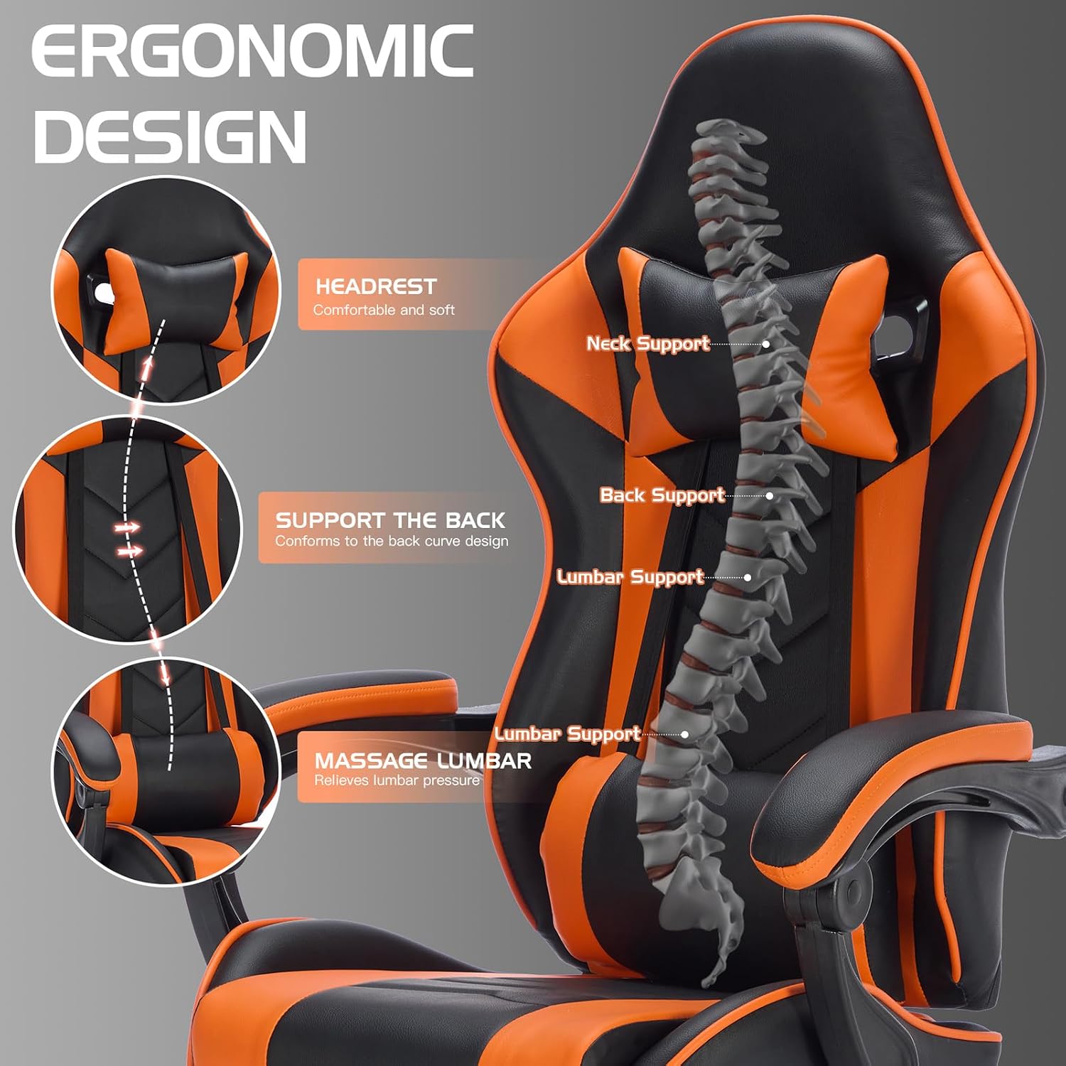 Leather Ergonomic Gaming Chair with Footrest, Comfy Orange Gaming Chair with Comfortable Headrest & Lumbar Support for Adults Women Men Boys Kids, 300 LBS Capacity (Black+Orange)