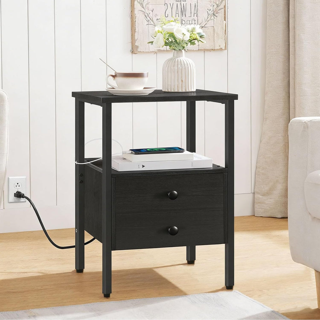 HOOBRO End Table with Charging Station, Bedside Table with 2 Drawer & USB Port & Type-C Port, Nightstand for Small Spaces, Stable and Sturdy, for Living Room, Black BB43UBZ01
