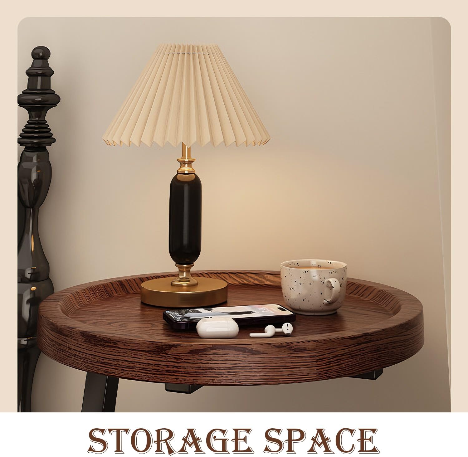 YUNMUARY-Walnut Wood Side Table,Modern Round Bed Tables Bedroom,Circle End Table with Storage,16 Inches Wide Small Couch End Tables for Kitchen,Hallway,Living Room,and Corners.