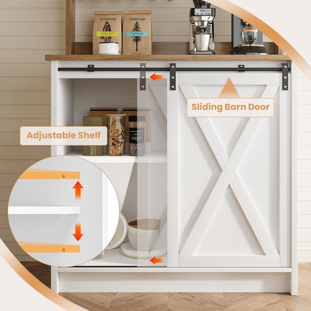 4ever2buy Farmhouse Coffee Bar with Hutch, White Coffee Bar Cabinet with Storage Sliding Barn Door, 31 Inch Buffet Cabinet with 6 Hooks, Coffee Bar Table with Adjustable Shelves for Living Dining Room