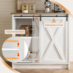 4ever2buy Farmhouse Coffee Bar with Hutch, White Coffee Bar Cabinet with Storage Sliding Barn Door, 31 Inch Buffet Cabinet with 6 Hooks, Coffee Bar Table with Adjustable Shelves for Living Dining Room