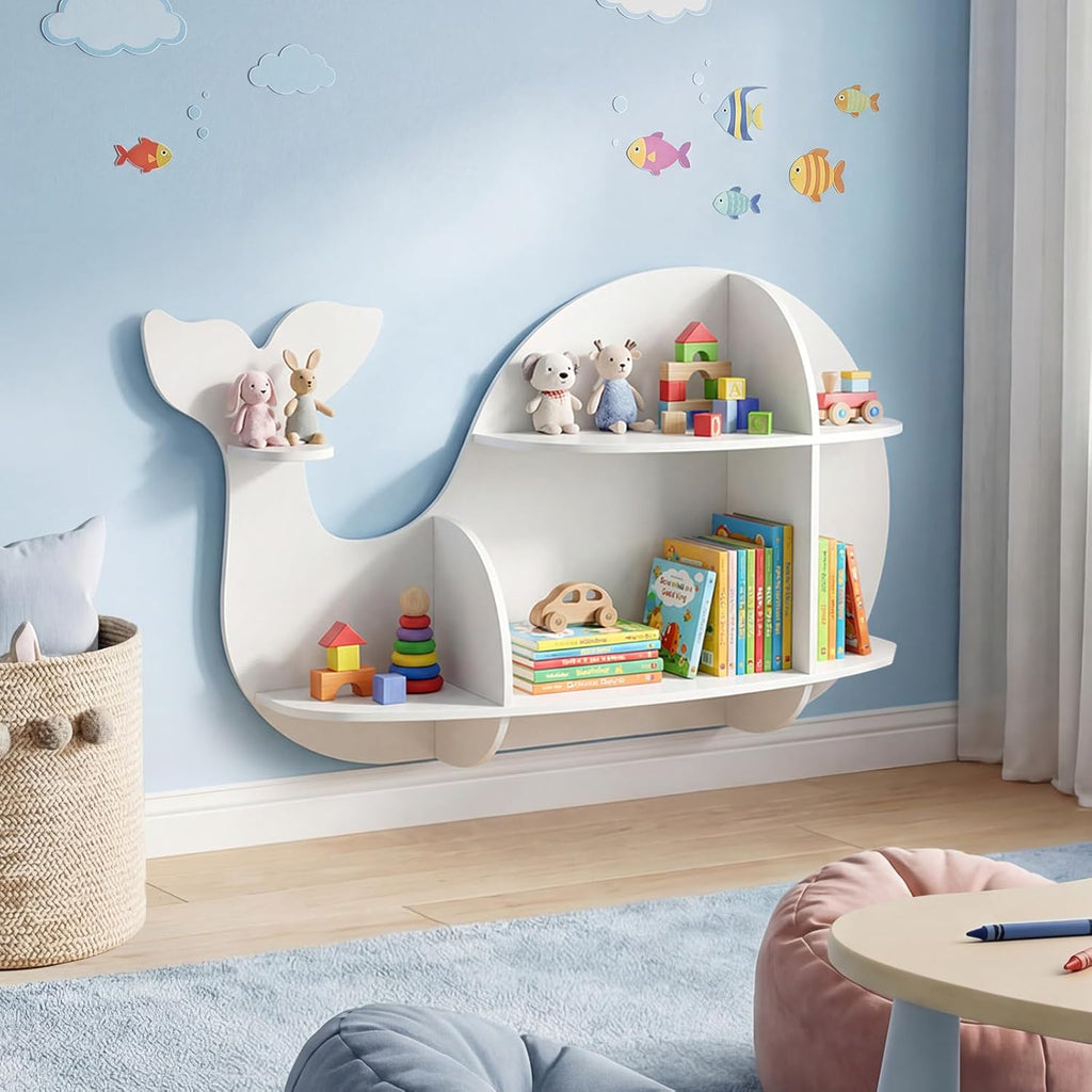 GLACER Wall Mounted Kids Bookshelf, Whale-Shaped Floating Bookshelf with 6 Open Shelves & 2 Tier Floating Wall Shelf, Wooden Nursery Bookshelf for Kid’s Room Bedroom Living Room Reading Corner