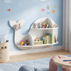 GLACER Wall Mounted Kids Bookshelf, Whale-Shaped Floating Bookshelf with 6 Open Shelves & 2 Tier Floating Wall Shelf, Wooden Nursery Bookshelf for Kid’s Room Bedroom Living Room Reading Corner