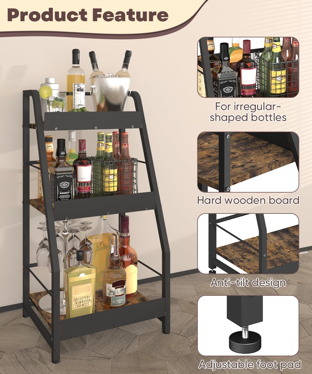 3-Tier Liquor Stand for Home Bar, Trapezoid Freestanding Whisky Bottle Holder with Fences, Stepped Versatile Liquor Bottle Display Shelf, Corner Floor Bar Stand for Liquor Storage, Black