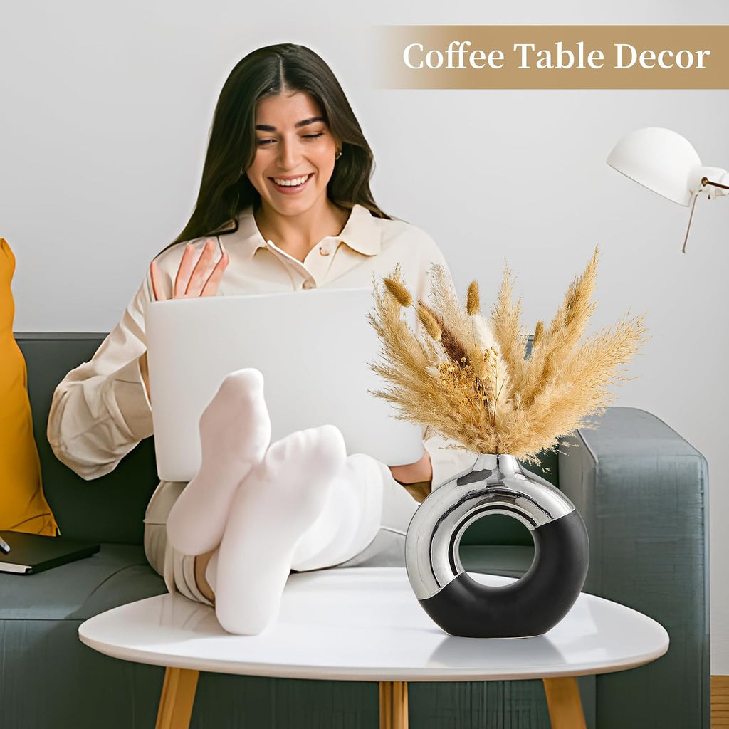 Ceramic Donut Vase, 8" L x 8" H Black and Silver Vase for Pampas Grass, Modern Round Vases for Silver Decor, Ceramic Vase Centerpieces for Wedding, Bedroom, Living Room, Coffee Table, Entryway, Office