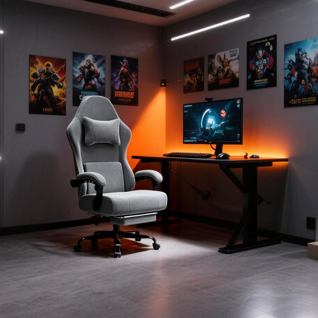 Massage Gaming Chair, Ergonomic Video Game Chair with Lumbar Support and Footrest, Height Adjustable Fabric Computer Chair with Pocket Spring Cushion (Gray)