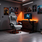 Massage Gaming Chair for Adults, Ergonomic Video Game Chair with Lumbar Support and Footrest, Height Adjustable Fabric Computer Chair with Pocket Spring Cushion (Light Gray)