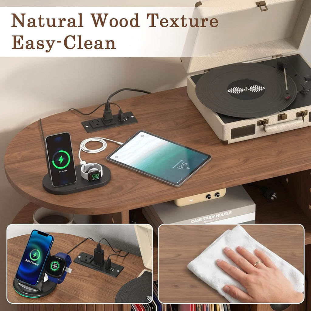 35" Record Player Stand with Storage and Shelves, Vinyl Record Cabinet with Power Outlets, Mid-Century Modern Record Table，Storage Furniture for Living Room and Bedroom,Walnut