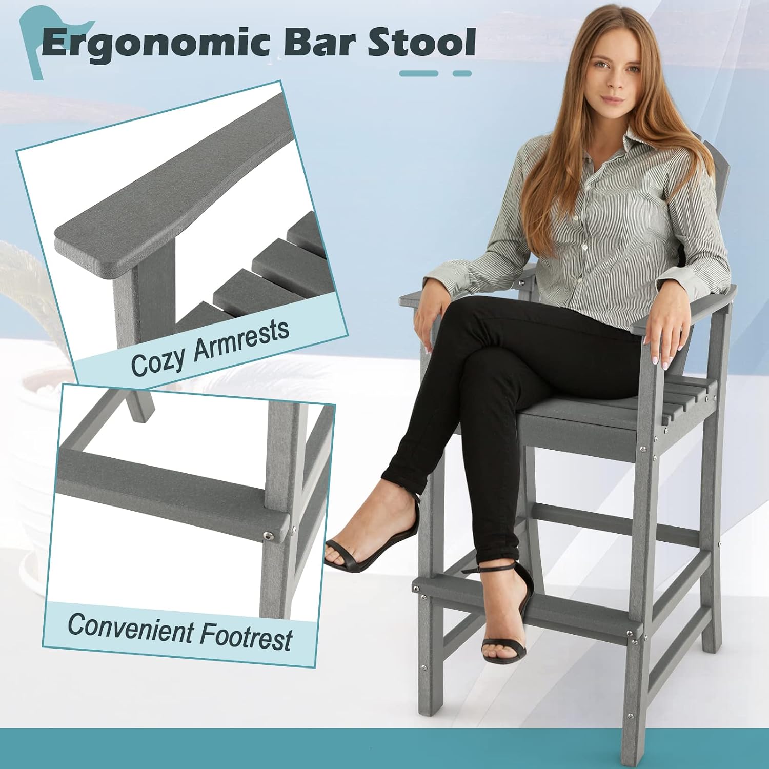 Giantex Outdoor HDPE Bar Stool, Tall Adirondack Chair with Armrests and Footrest, 30 Inches Counter Height Bar Stool for Garden, Backyard, Weather Resistance, Easy Maintenance (1, Gray)