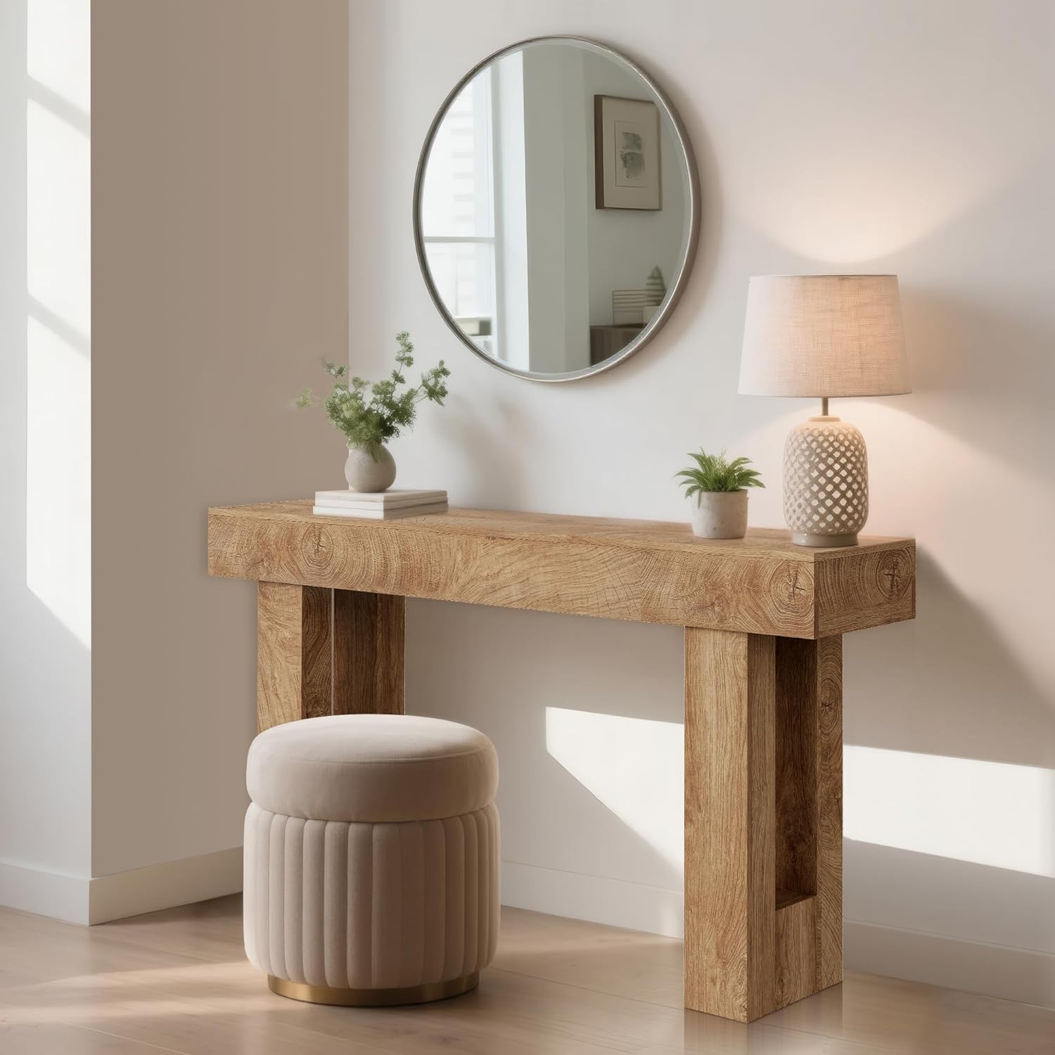 GarveeHome Farmhouse Console Table - 61 in Minimalist Vintage Entryway Table, Storage Rustic Sofa Table with Open Shelves for Hallway, Living Room, Foyer, Bedroom - Knife Cut Wood Grain