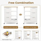 COSTWAY Kitchen Storage Island Cart on Wheels, Kitchen Rolling Trolley Cart with 3 Drawers and Shelves, 360° Wheels & Detachable Tray, Kitchen Island for Dining Room, Living Room & Bedroom