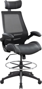 BOLISS Tall Ergonomic Office Chair, Sustainable Tech-Leather Drafting Chair with Adjustable Foot Ring, 90° Flip-Up Arms Space Saving Mesh Computer Desk Chair for Standing Desk Executive Work 8+ Hours