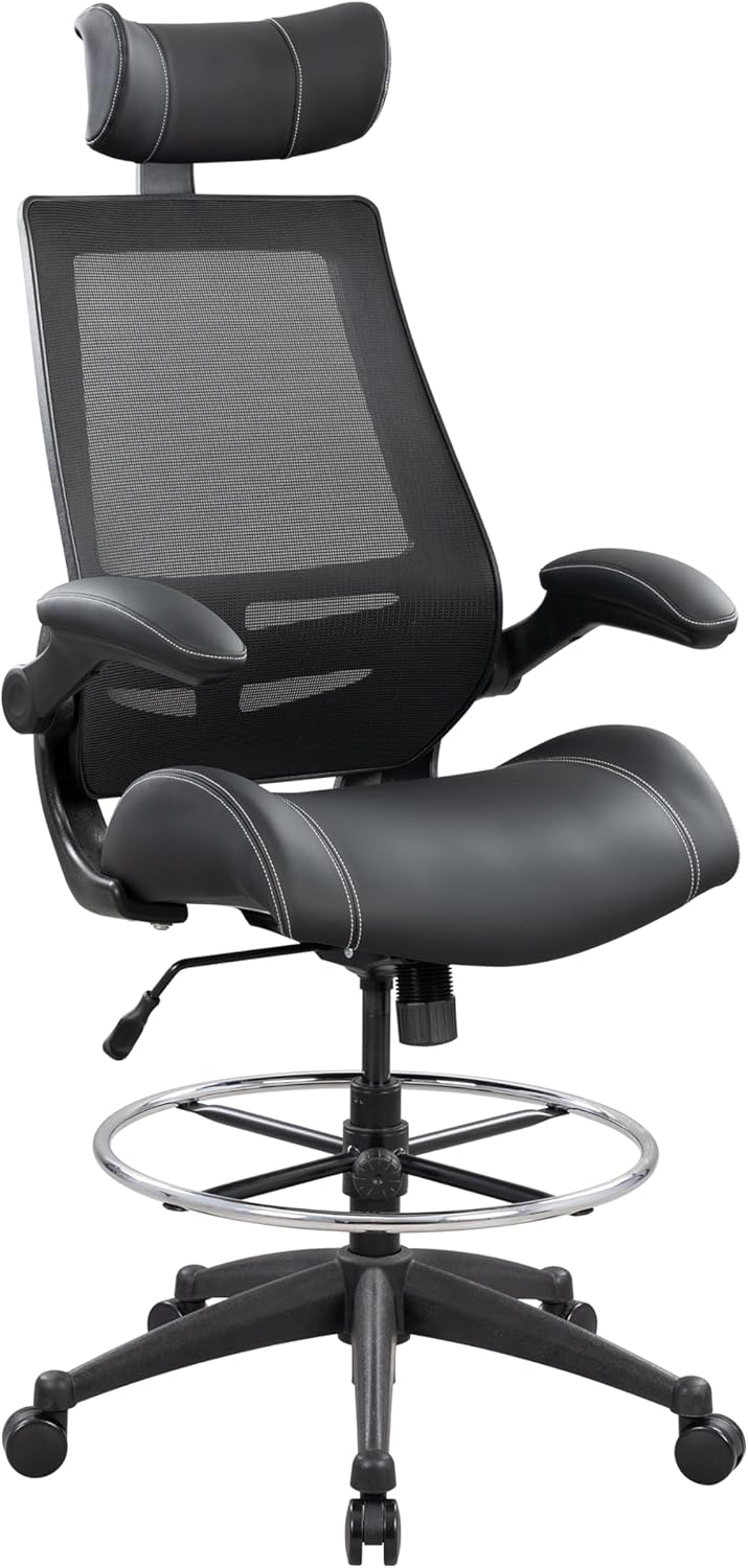 BOLISS Tall Ergonomic Office Chair, Sustainable Tech-Leather Drafting Chair with Adjustable Foot Ring, 90° Flip-Up Arms Space Saving Mesh Computer Desk Chair for Standing Desk Executive Work 8+ Hours