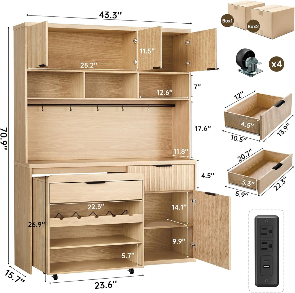 71" Pantry Cabinet,Tall Kitchen Pantry Storage Cabinet with Charging Station and LED Light,Fluted Freestanding Food Storage Cabinet,Farmhouse Kitchen Hutch with Storage Drawers for Living Dining Room