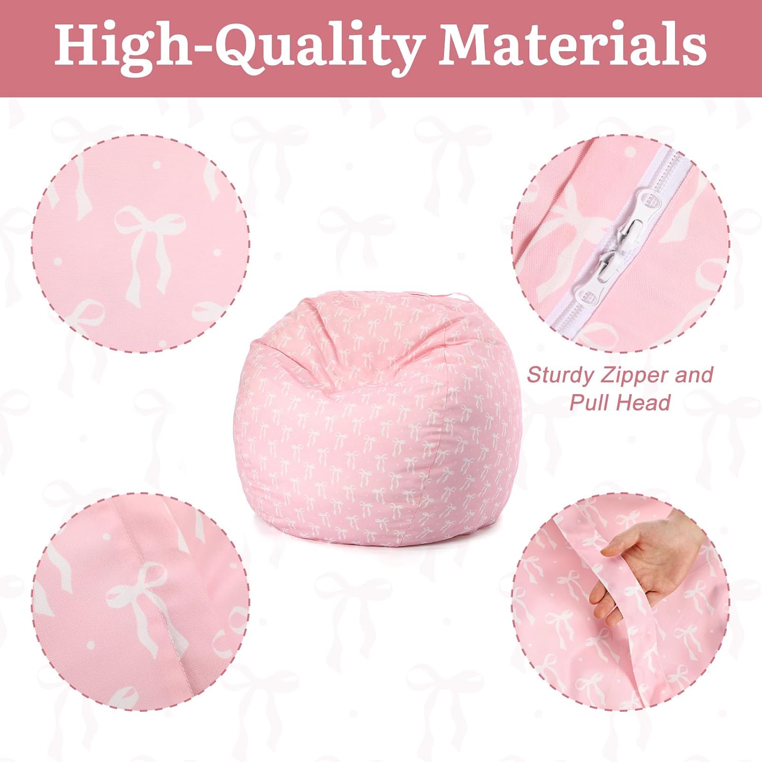 Pink Bow Bean Bag Cover for Kids 38 Inch Stuffed Animal Storage Bean Bag Chair Cotton Canvas Toy Storage Large Capacity Plush Toy Organizer for Playroom Bedroom Nursery