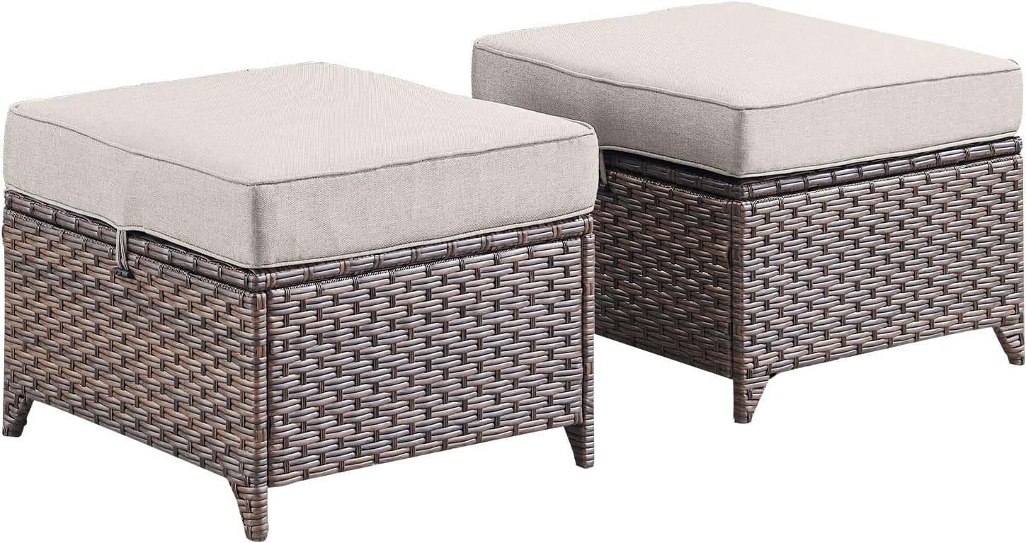 Outdoor Patio Ottoman Set of 2-Rattan Wicker Ottoman Foot Rest with Removable Cushions Cover Outdoor Footstool for Deck Balcony Poolside Backyard-Brown/Beige
