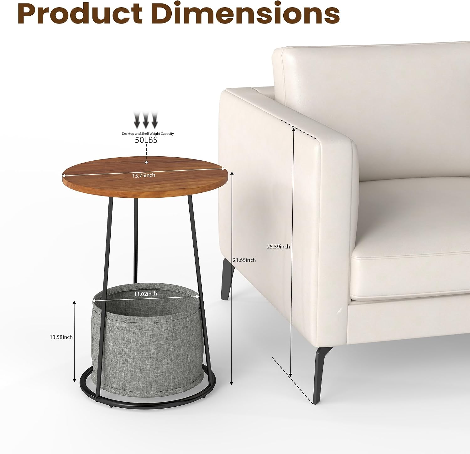 Manora 21.7" Round End Table, Modern Industrial Side Table Nightstand, Small Wood Top Accent Table for Living Room, Couch, Bedroom, Black Metal Legs, Rustic Brown (with a Basket)