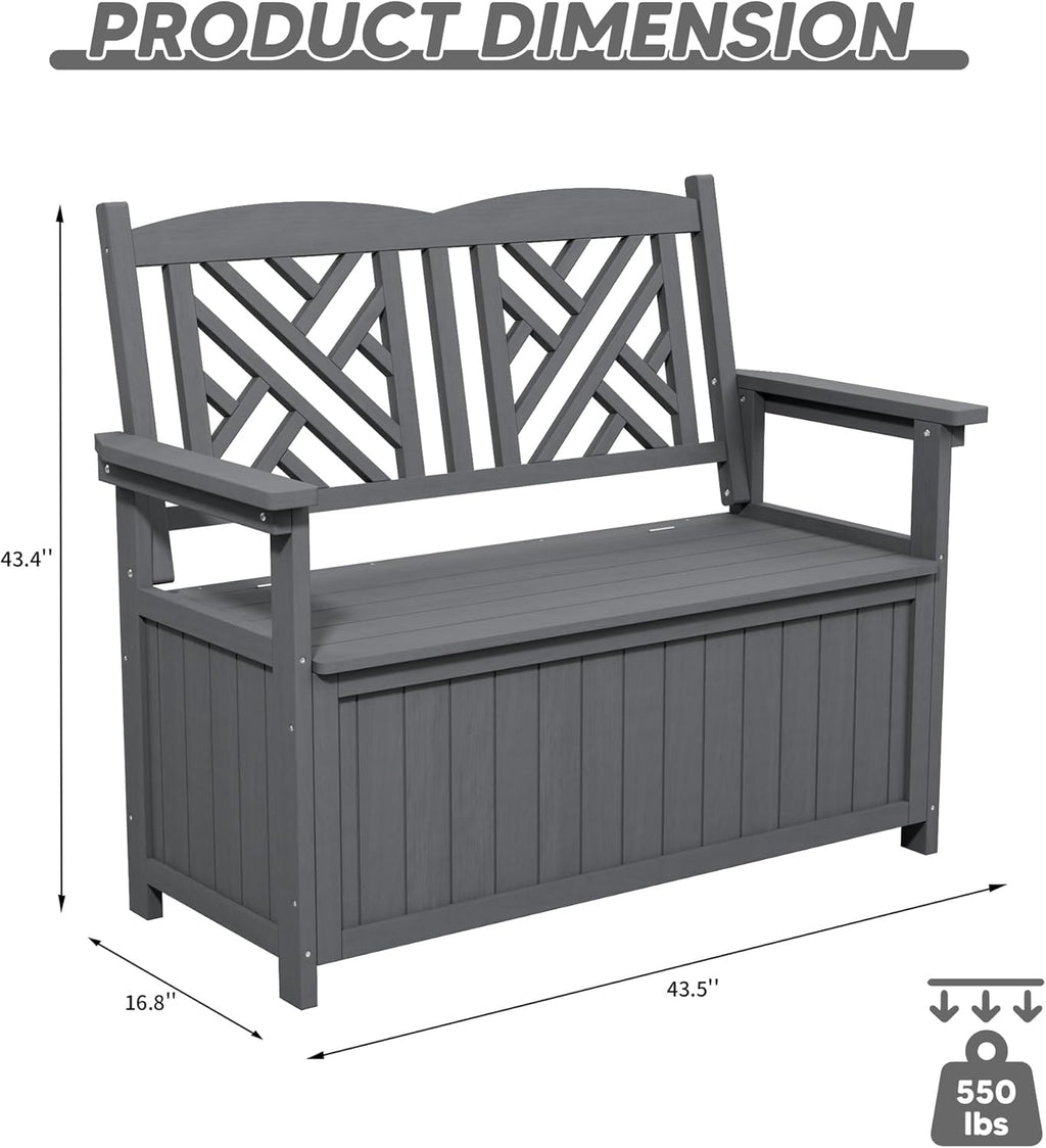 80 Gallon Outdoor Storage Bench Deck Box, Waterproof Weather Resistant Patio Bench with Armrests for Patio Garden and Porch, Large Capacity Storage Seat for Garden Tools, Cushions(Grey)