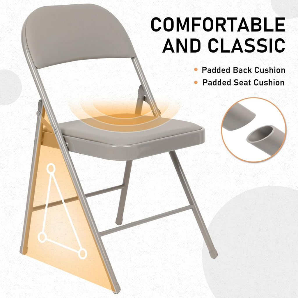 6 Pack Padded Folding Chairs, Heavy Duty Metal Frame with PU Leather Seat & Back, 350 lbs Capacity Portable Stackable Indoor Outdoor Chairs for Party Wedding Office(Gray, 6 Pack)