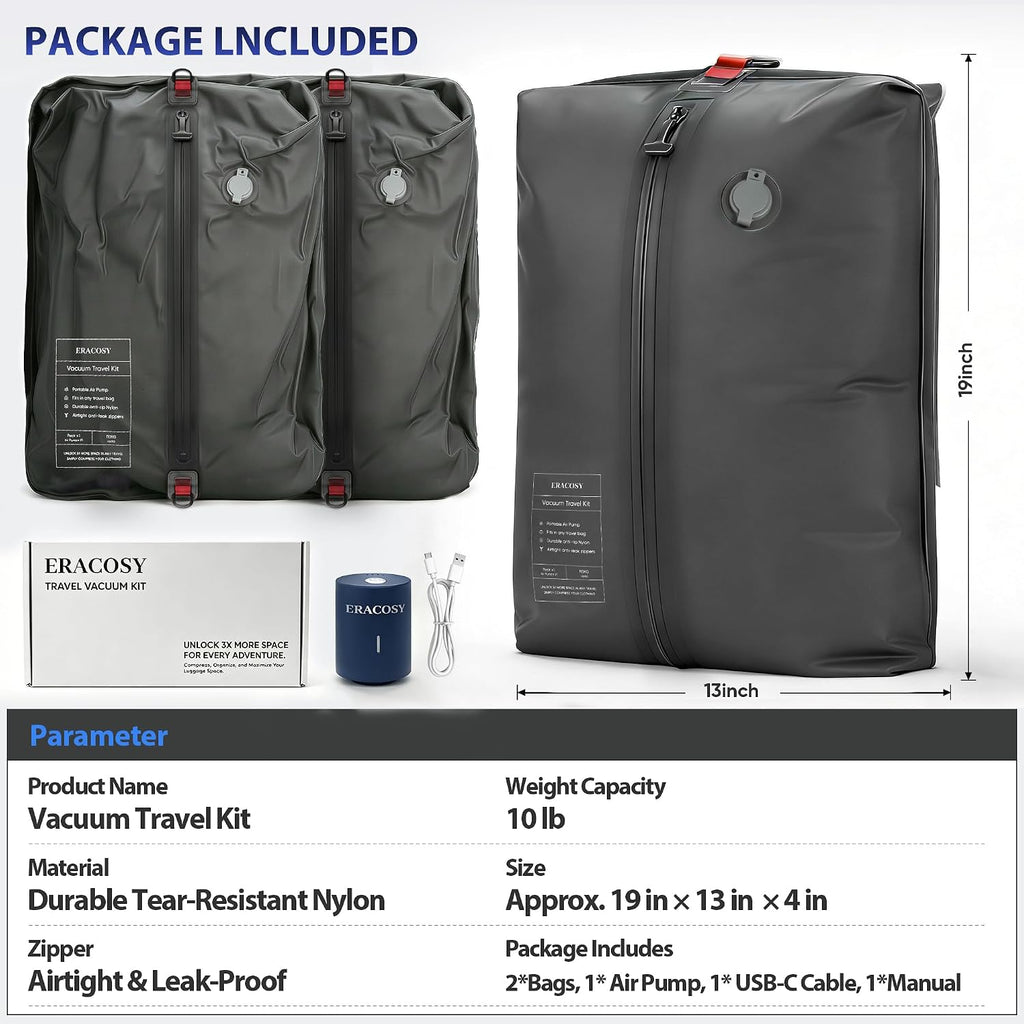 Travel Vacuum Bags with Pump, Compression Bags, Waterproof & Reusable Nylon Vacuum Travel Kit, Portable Space Saver Storage Bags with Wireless Vacuum Pump for Carry-On Backpack & Suitcase, 2-Pack