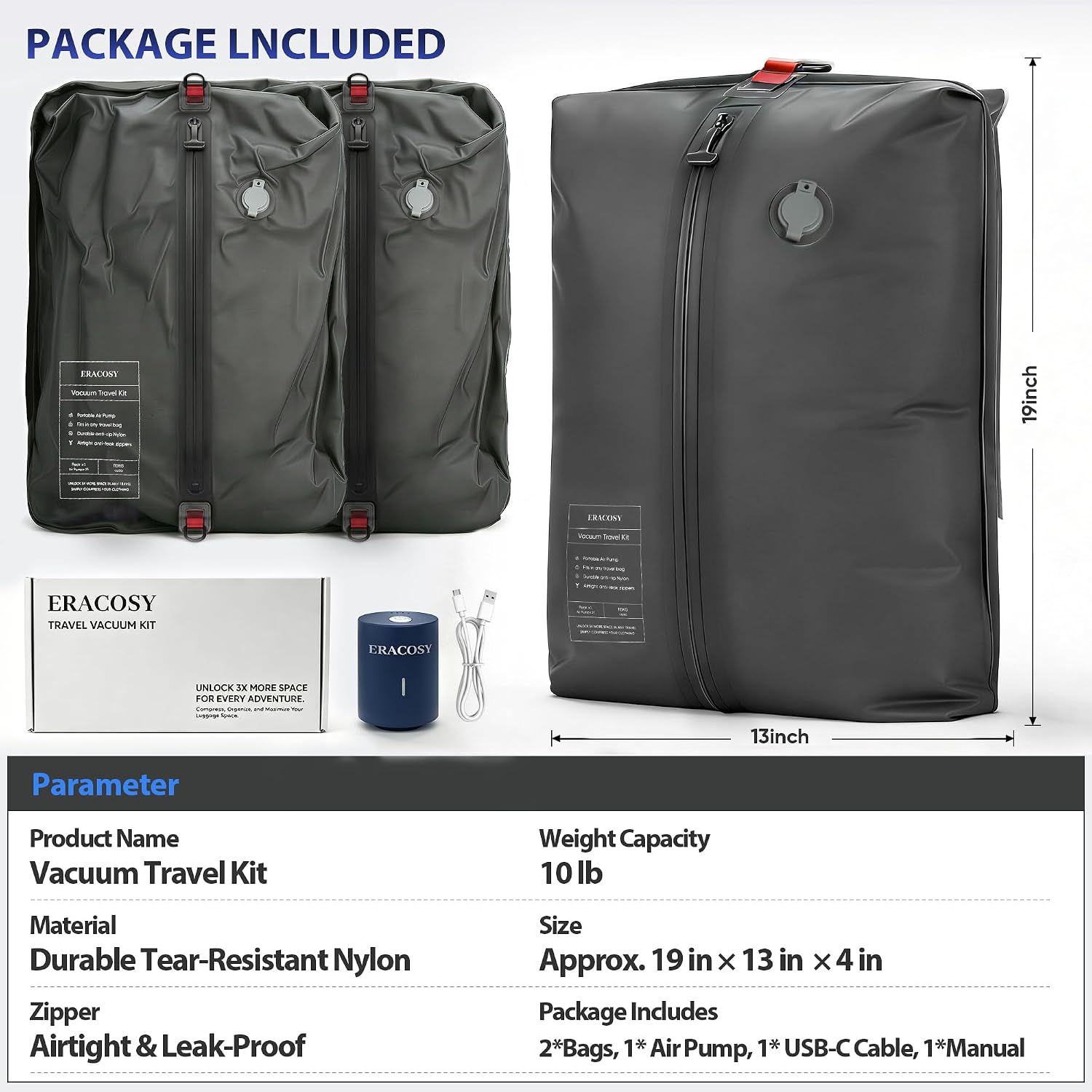 Travel Vacuum Bags with Pump, Compression Bags, Waterproof & Reusable Nylon Vacuum Travel Kit, Portable Space Saver Storage Bags with Wireless Vacuum Pump for Carry-On Backpack & Suitcase, 2-Pack