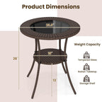 Tangkula 25.5" Wicker Patio Dining Table, Outdoor Round Bistro Side Table with Tempered Glass Top and Storage Shelf, for Balcony, Garden and Backyard