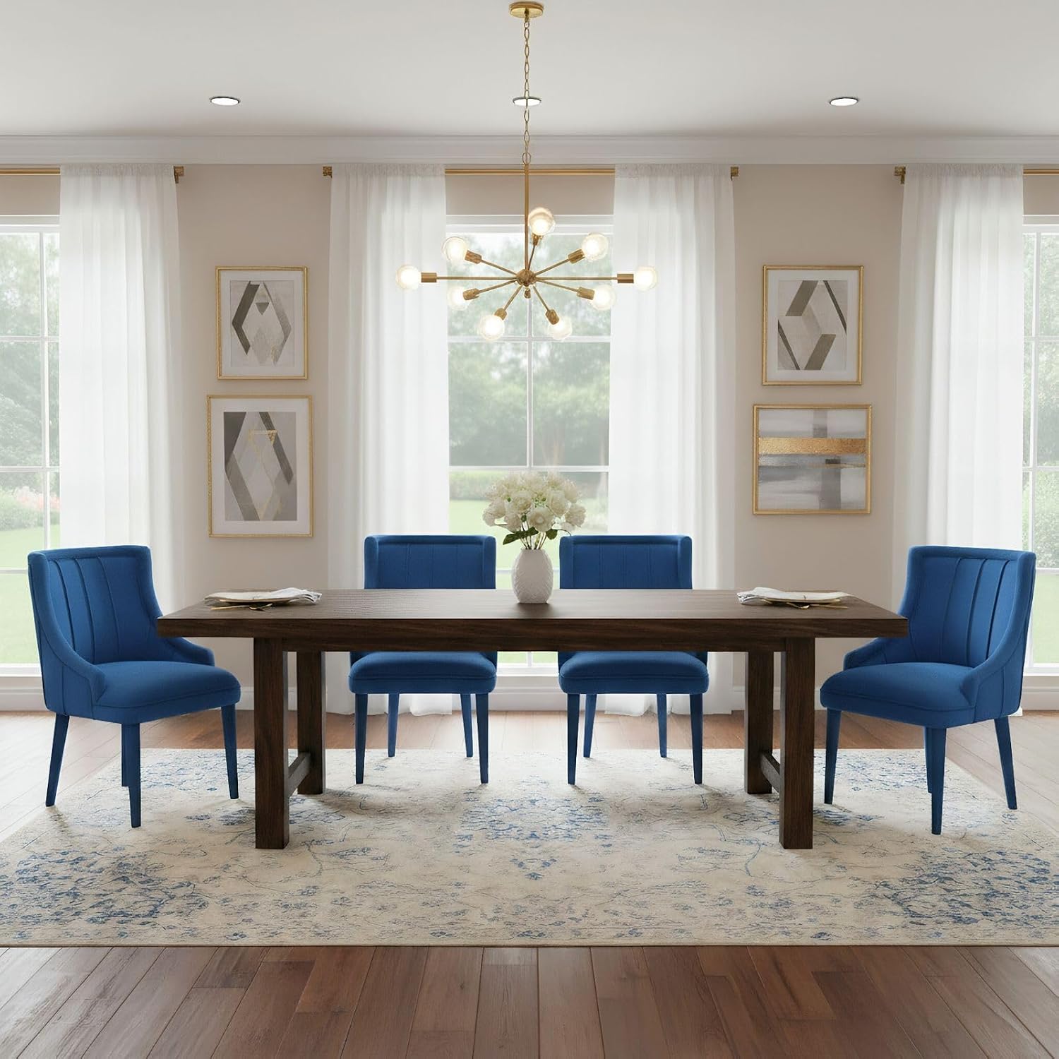 Hyfirm Dining Chairs Set of 2 – High-Back Upholstered Kitchen Chairs with Plush Fabric & Solid Wood Legs, Fully Wrapped Design in Navy Blue