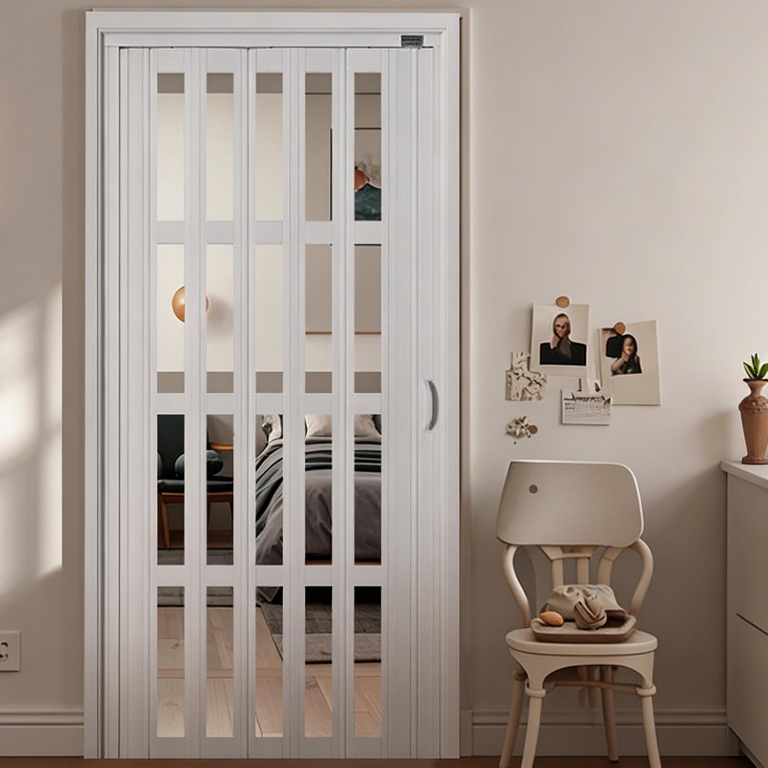 Customizable Styles & Size PVC Foldable Doors, Tall Accordion Door with Handles & Acrylic Glass, Room Divider Sliding Double Door for Storeroom Kitchen Office Living Room, 71" Wx90 H