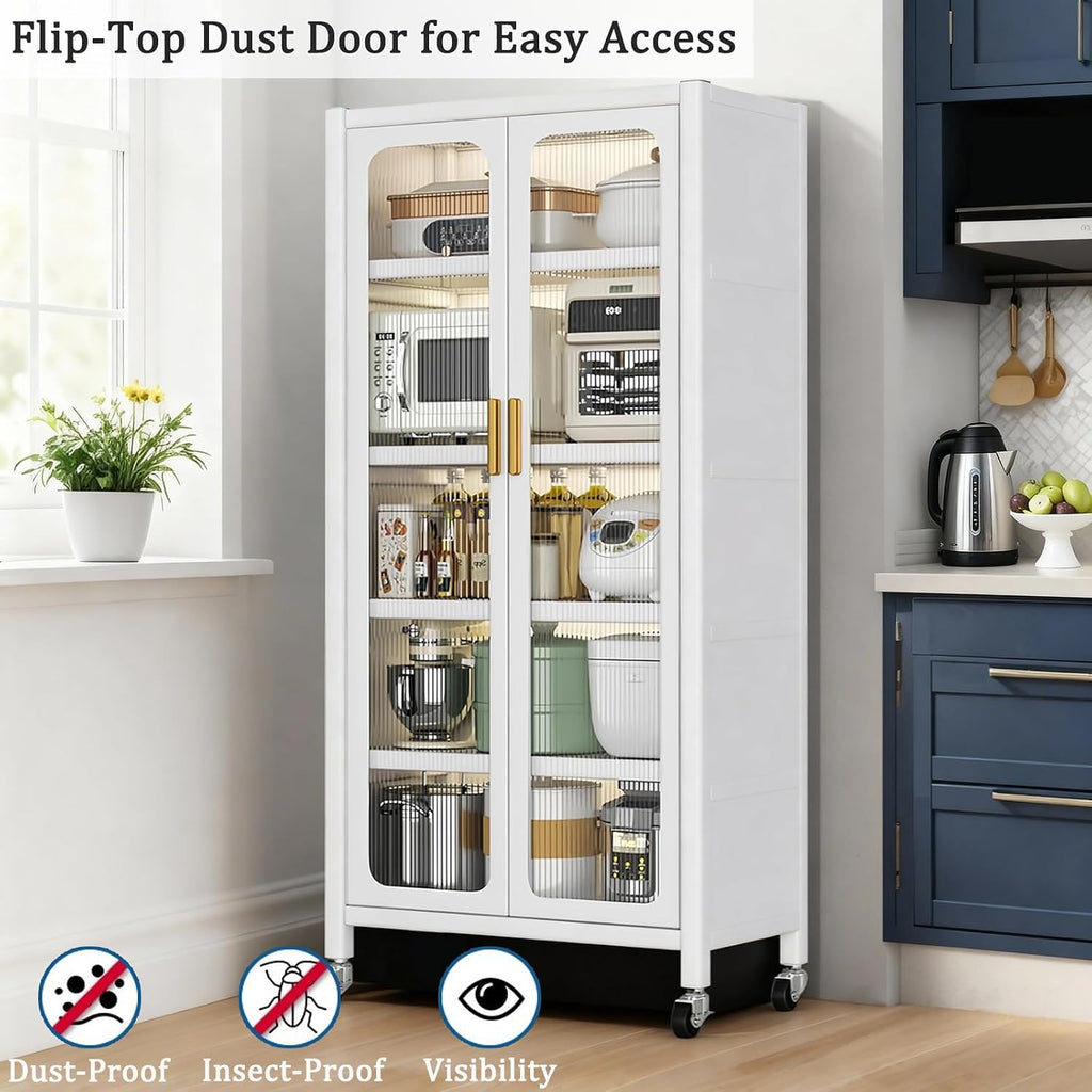 65" Metal Pantry Storage Cabinet with Flip Doors & Pegboard, 6-Tier Steel Kitchen Pantry Hutch with Adjustable Shelves, Anti-Tip Design for Kitchen, Dining Room, Garage (White -Kitchen Pantry)