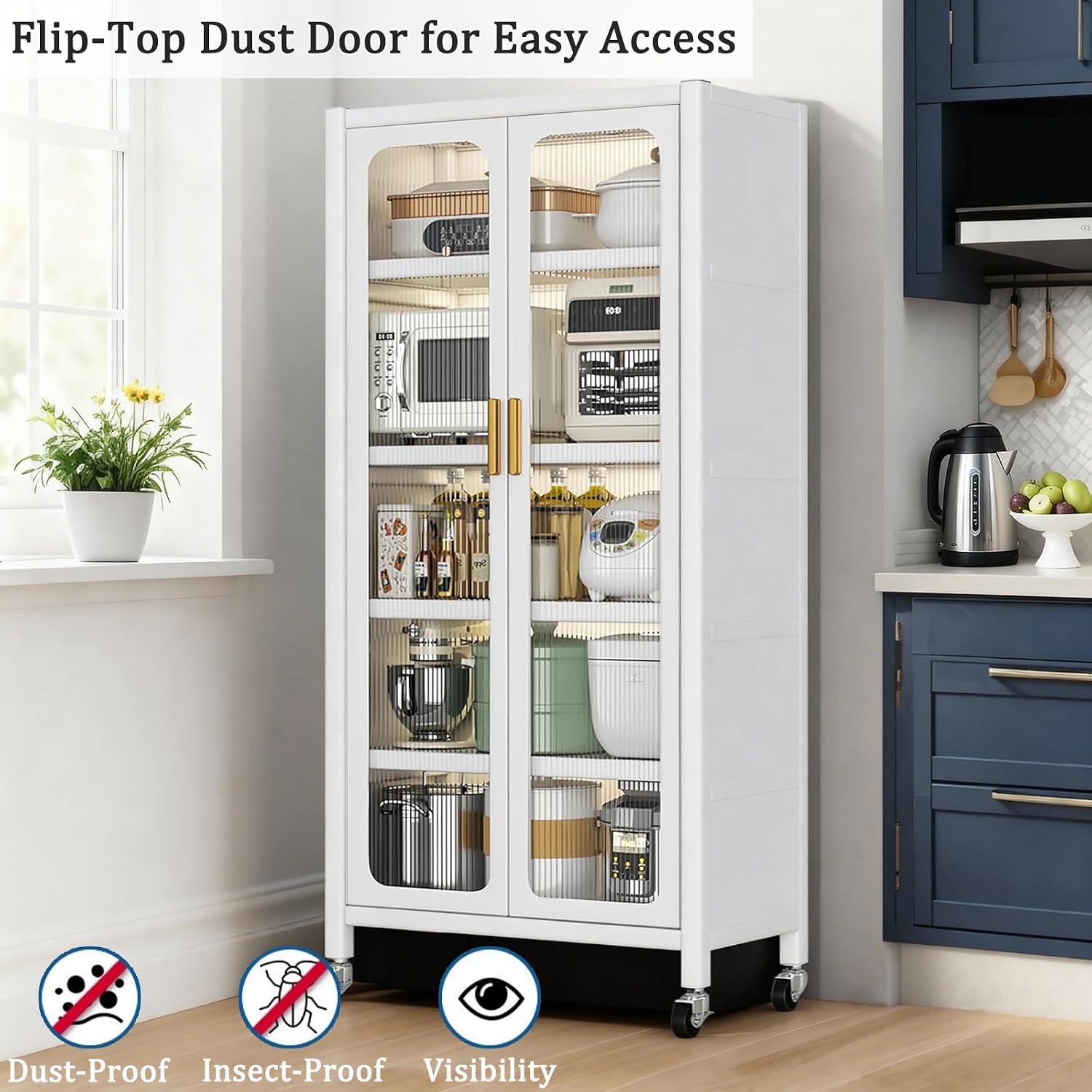 Anwick 65" Kitchen Pantry Cabinet with Doors and Adjustable Shelves,Freestanding Display Buffet Storage Cabinet with 360°Wheels,6 Tier Metal Food Pantries Cupboard for Dining Room (White)