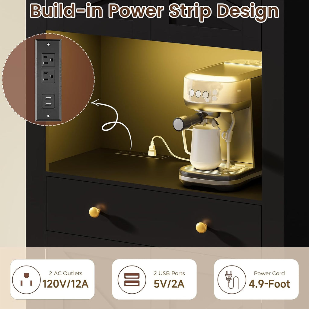 DINGIPP 73" Pantry Cabinet with Charging Station & LED Light, Tall Kitchen Pantry Cabinet with Microwave Stand and 1 Large Drawer, Kitchen Storage Cabinet with 4 Doors for Kitchen, Dining Room, Black