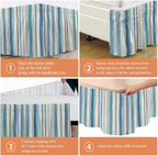 Vintage Blue Teal Striped Bed Skirt Queen Size 16 Inch Drop, Wrap Around Bed Skirts, Farmhouse Stripes Retro Art Elastic Bedskirt Pleated Bed Frame Cover Luxurious Dust Ruffle for Queen Bed
