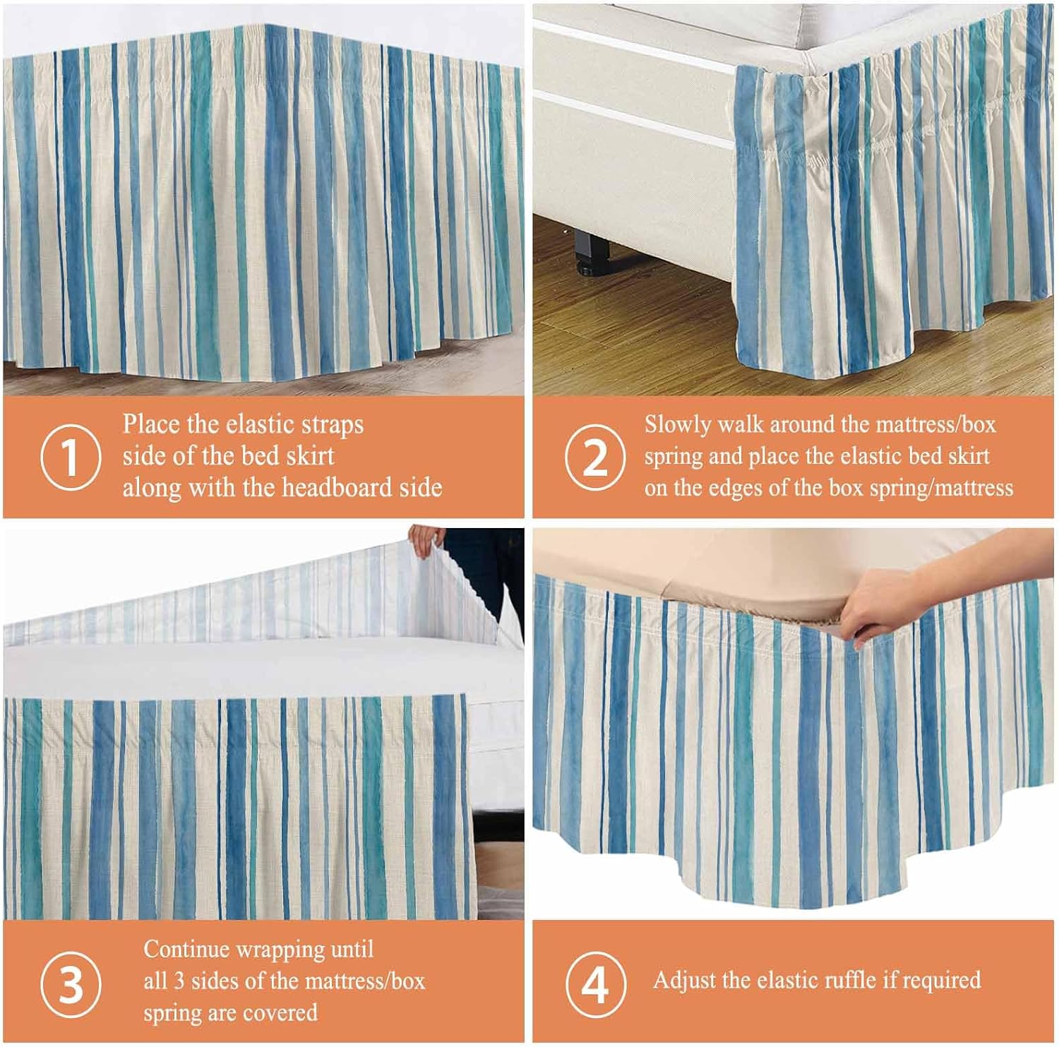 Vintage Blue Teal Striped Bed Skirt Queen Size 16 Inch Drop, Wrap Around Bed Skirts, Farmhouse Stripes Retro Art Elastic Bedskirt Pleated Bed Frame Cover Luxurious Dust Ruffle for Queen Bed