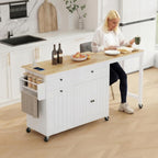 Kitchen Islands with Storage, Kitchen Island on Wheels with Extendable Dining Table and Power Outlet, Rolling Island Cart with Trash Cabinet, Spice Rack & Towel Rack, White
