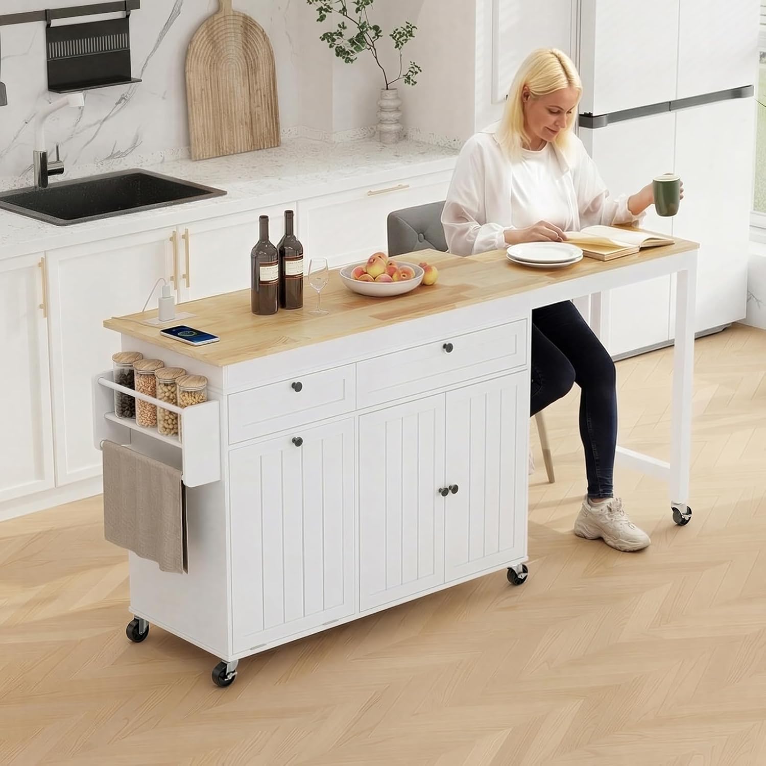 Kitchen Islands with Storage, Kitchen Island on Wheels with Extendable Dining Table and Power Outlet, Rolling Island Cart with Trash Cabinet, Spice Rack & Towel Rack, White