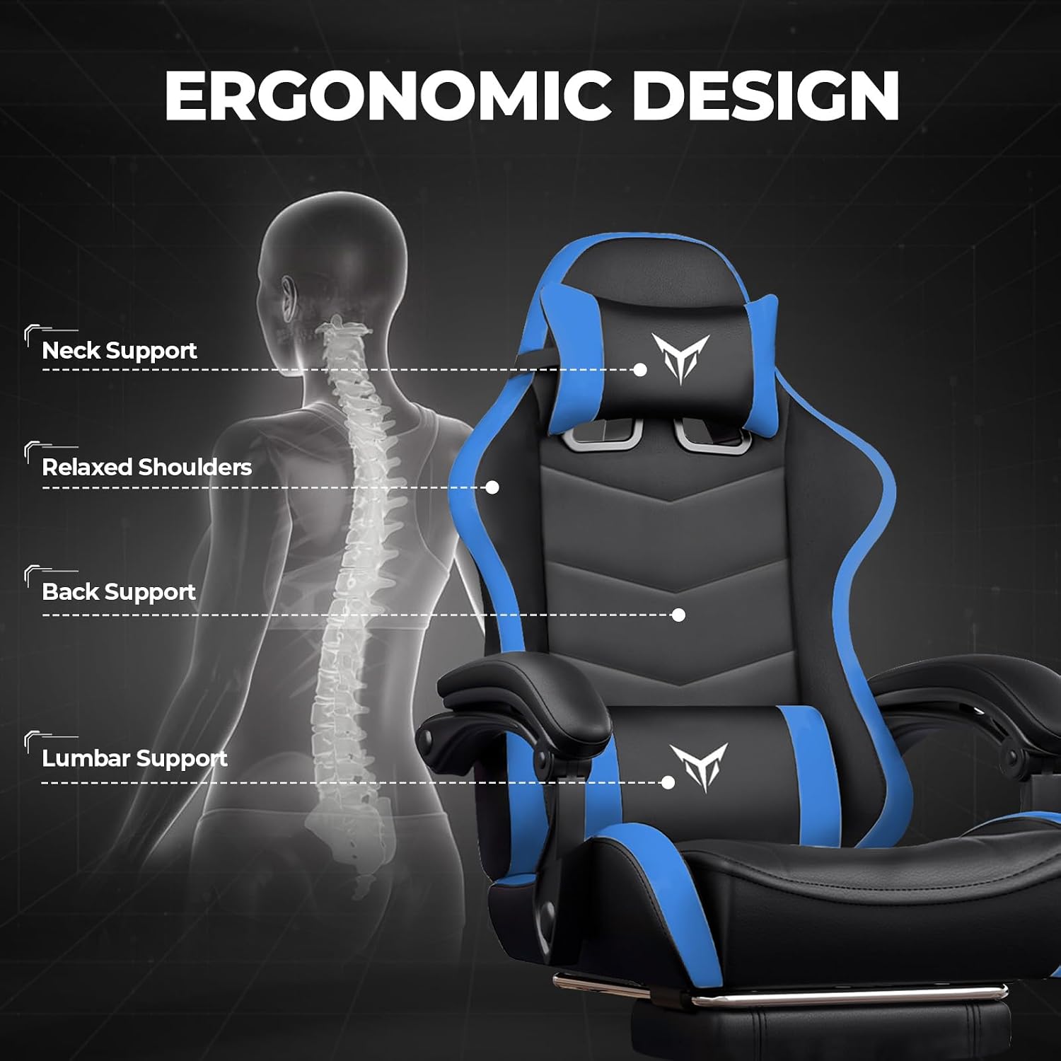GTPLAYER Gaming Chair High Back Computer Chairs with Foot Rest for Adults, Ergonomic Height Adjustable Recliner Chair 300lbs with Linkage Armrest and Lumbar Support for Home Office, Blue