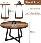 AWQM Coffee Table and End Table Sets, Round Coffee Table Set & 2 End Side Tables, Easy Assembly Vintage Living Room Table Set of 3, Suitable for Offices, Living Rooms and Apartments, Walnut